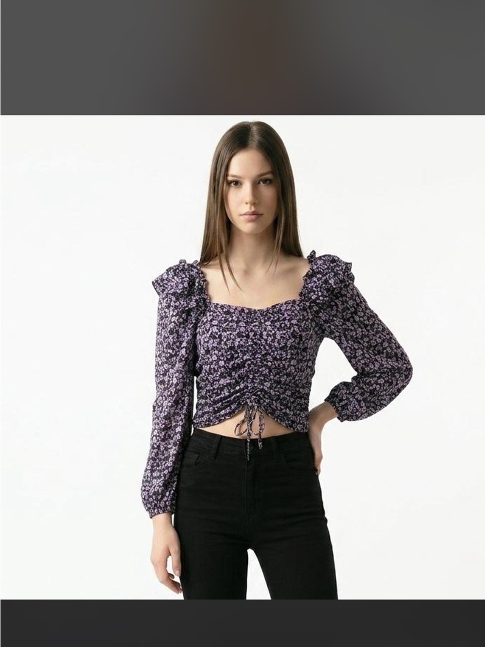 Zara Purple Floral Ruched Square-Neck Top